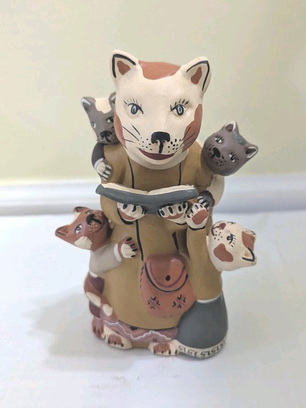 Peruvian Pottery Storyteller Cat Kittens Books Vintage Peru Art Handmade Folk